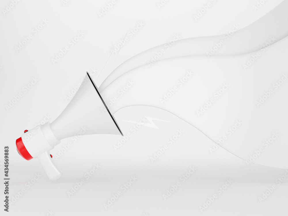 White megaphone or Bullhorn speaker Stylish modular amplifier with microphone, red horn and handle and speakerphone for 3D render announcements or advertisements. White megaphone or Bullhorn speaker Stylish modular amplifier with microphone, red horn and handle and speakerphone for 3D render announcements or advertisements.