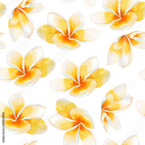 Tropical plumeria watercolor seamless pattern. Template for decorating designs and illustrations.