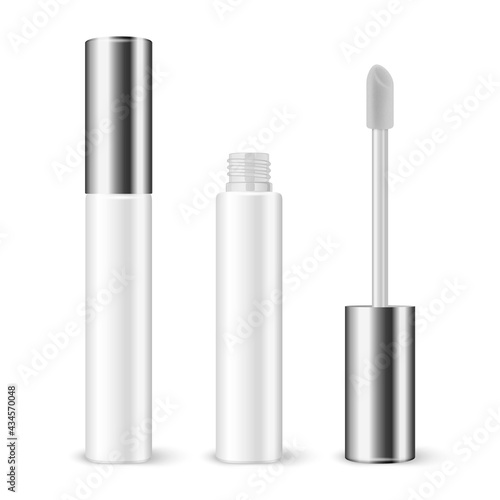 Vector 3d Realistic Plastic Closed, Opened White Lip Gloss, Lipstick, Concealer Package, Silver Cap Set Isolated. Glass Container, Tube, Lid, Brush. Glass Bottle Design Template, Mockup. Front View