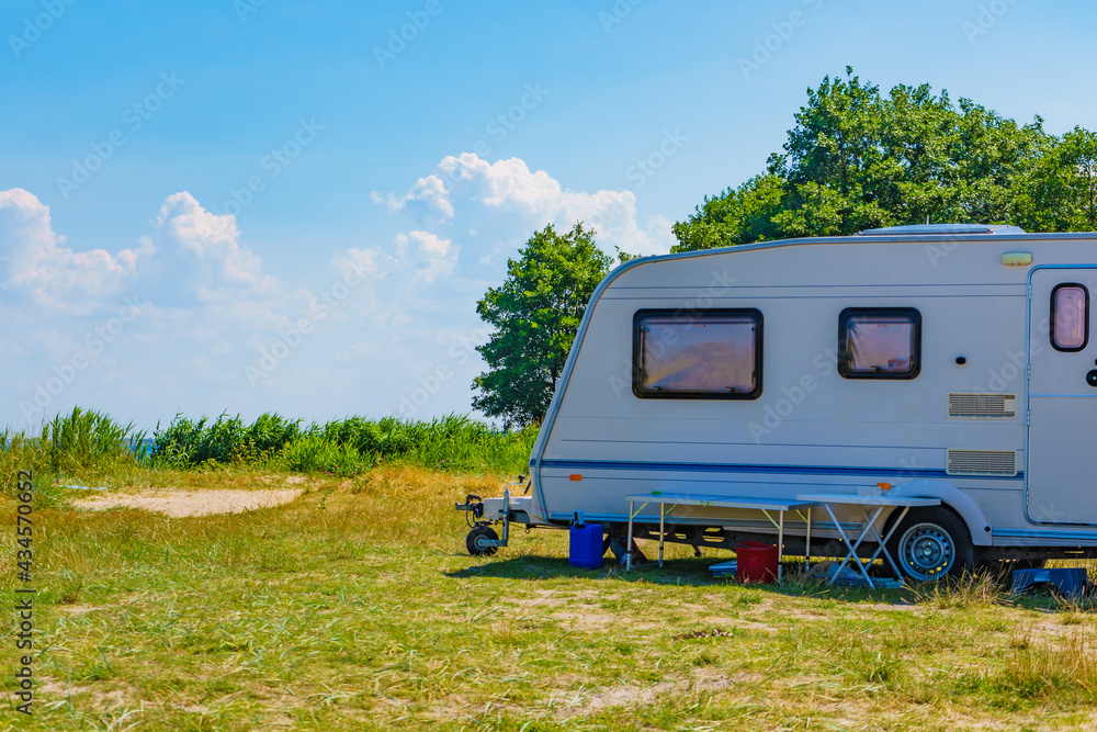 Caravan trailer camping on nature