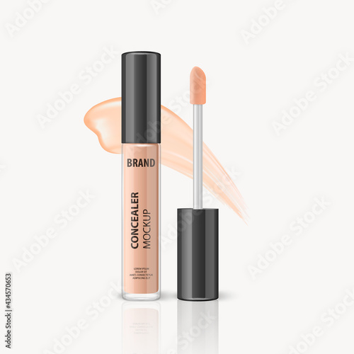 Vector 3d Realistic Lip Gloss, Foundation, Concealer, Corrector Package, Black Cap, Lip Gloss Stroke Isolated. Glass Container, Tube. Plastic Transparent Bottle, Design Template, Mockup. Front View