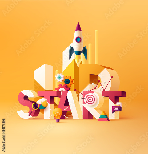 Start up typographic concept.  3D word lettering with colored icons on bright background.