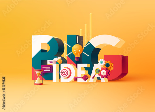 Big Idea typographic concept. 3D word lettering with colored icons on bright yellow background.