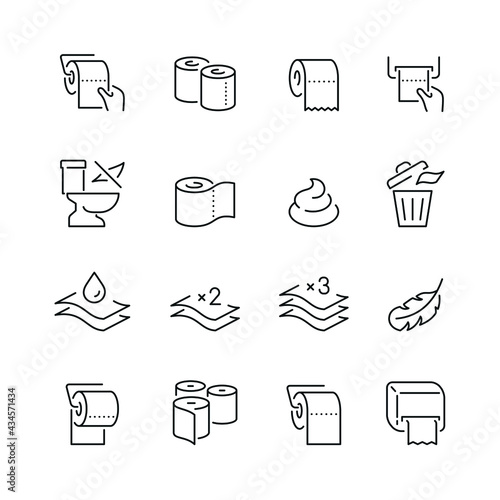 Toilet paper related icons: thin vector icon set, black and white kit