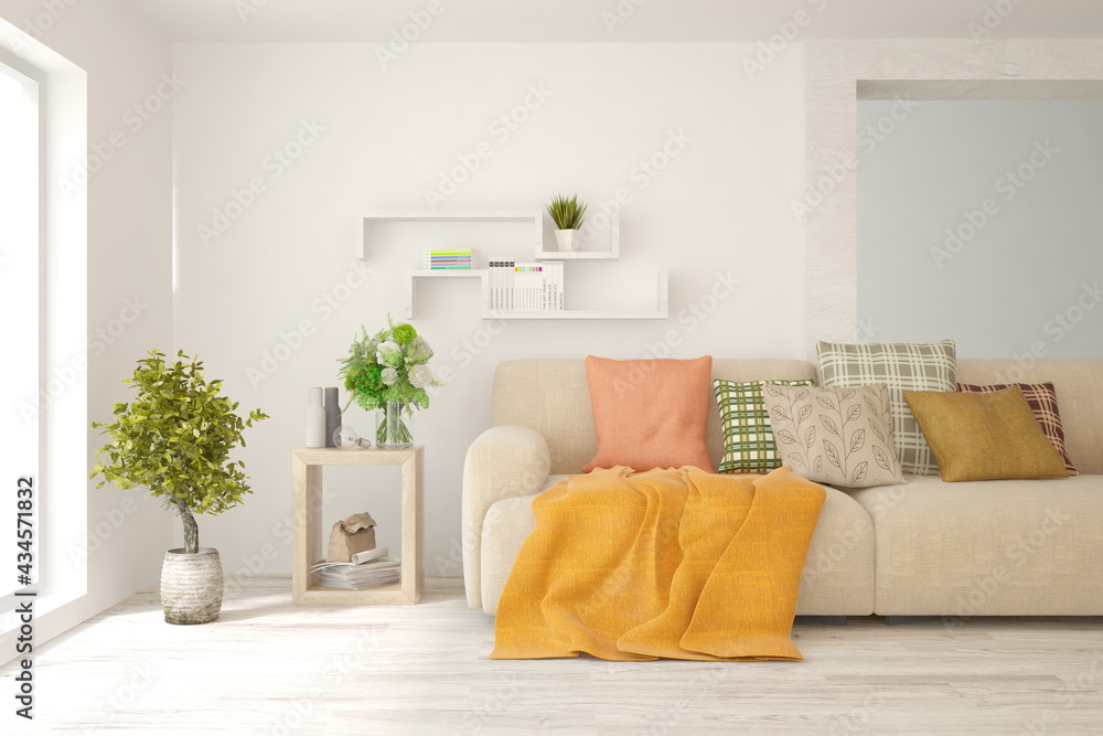 Naklejka premium White living room with sofa. Scandinavian interior design. 3D illustration