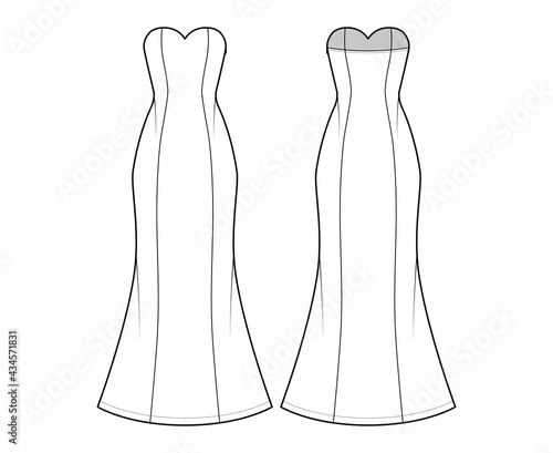 Dress trumpet technical fashion illustration with sweetheart neckline, fitted body, floor maxi length circular skirt. Flat evening apparel front, back, white color style. Women, men unisex CAD mockup