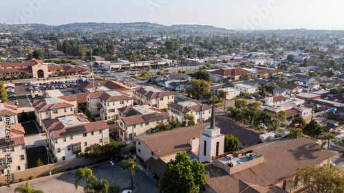 Sunset aerial view of the urban core of La Habra, California, USA. © Matt Gush