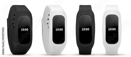 Smart band smart fitness watch bracelet with touchscreen stock vector illustration isolated on white background. Collection of smart band black, white and gray.
