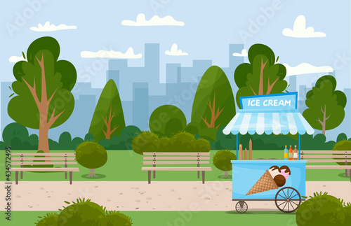 Blue vector ice cream cart with ice cream cone on the roof. Street kiosk, icecream vending booth in the park on nature. Trees, bushes, benches. Booth selling delicious summer desserts
