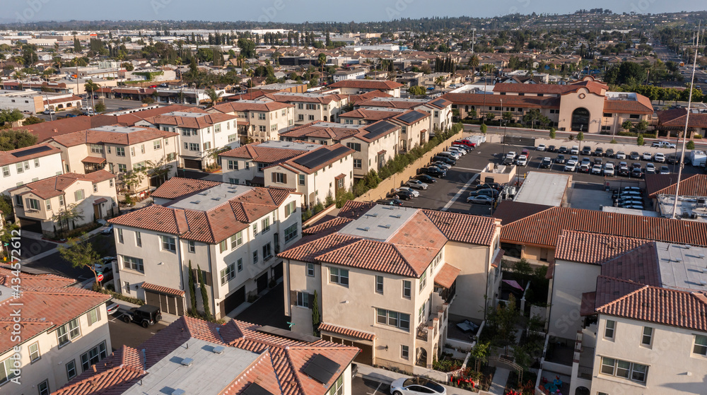 Sunset aerial view of the urban core of La Habra, California, USA.
