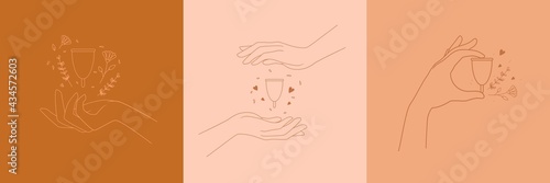 Woman's hand hold menstrual cup with flowers. Collection in boho style. Vector illustration photo