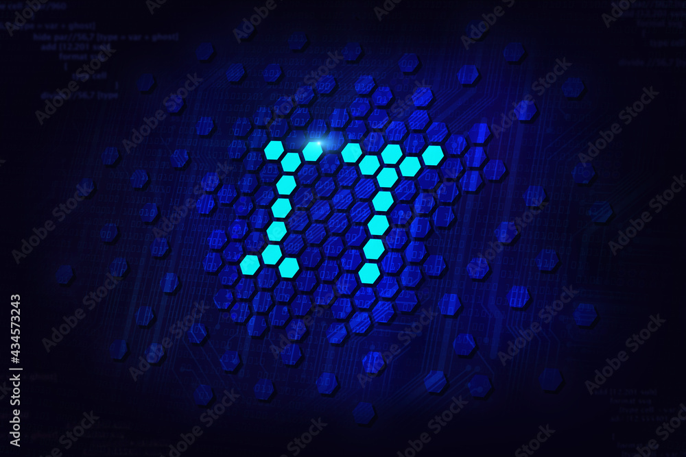 information technology (IT) concept, digital transformation abstract background in dark neon colors, IT pixel art in circuit board