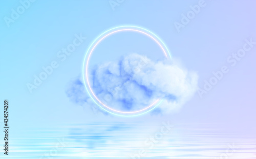 Neon Circle shape in a cloud of fog reflecting in the water. Modern trending 3d conceptual design background. Violet blue pink colors. Vector illustration