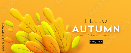 Hello Autumn 3d minimal background with autumn yellow, orange leaves. 3d Fall leaves background for the design of Fall banners, posters, advertisements, cards, sales. Vector illustration