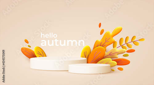 Hello Autumn 3d minimal background with autumn yellow, orange leaves and product podium. 3d Fall leaves background for the design of Fall banners, posters, advertisements, cards, sales. Vector