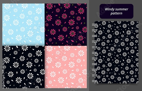 Seamless floral pattern set of doodle flowers with elements. Vector repeating flower background. Flowers pattern