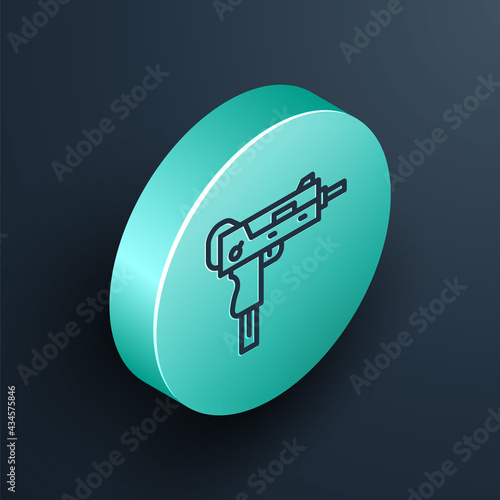 Isometric line UZI submachine gun icon isolated on black background. Automatic weapon. Turquoise circle button. Vector