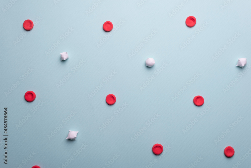 medical flatlay red and white blood cells. Red blood cells and leukocytes on a blue background. medical flatlay red and white blood cells. Red blood cells and leukocytes on a blue background.