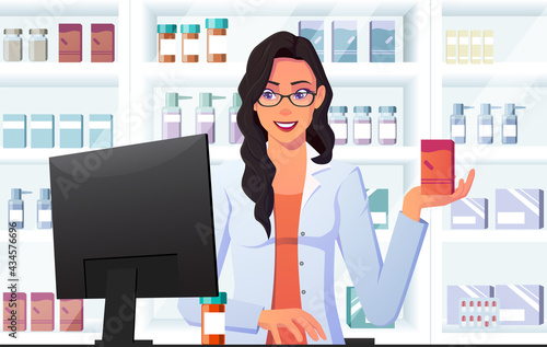 Pharmacist Prescribing Drug and Medication. Woman Wearing Labcoad Holding Drug.