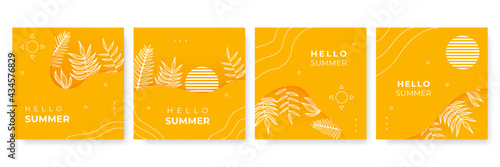 Summer sale vector poster set with 50% off discount text and summer elements in colorful backgrounds for store marketing promotion. Vector illustration.