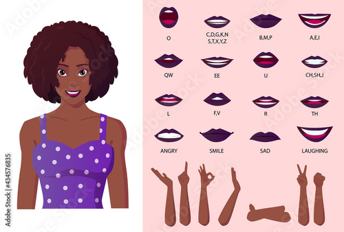 Mouth Animation and Lip Sync Creation. Beautiful African American Black Woman wearing Purple Dress with Curly Afro Hair.