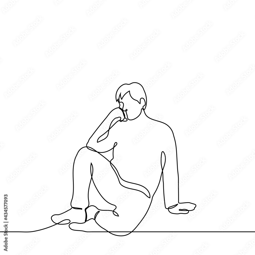 man sits on the floor in thought - one line drawing vector. the man rests his chin, his elbow rests on the knee, other hand rests on the floor behind him