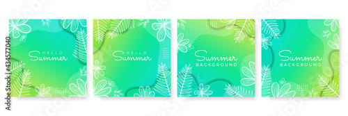 Collection of green yellow summer background set with palm, leaves ,flower, blob. Editable vector illustration for invitation, postcard, post stories social media template and website banner