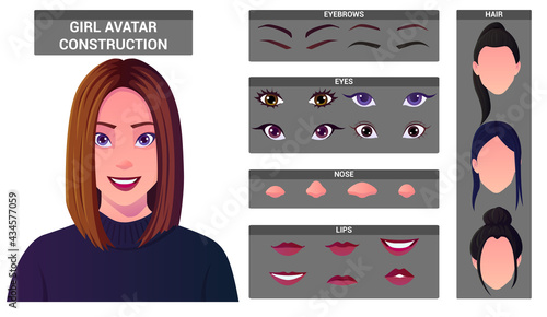 Caucasian Woman Face Construction Pack for Avatar Creation. Female Avatar Build With Head and Hair Styles, Eyes, Nose, Mouth, Eyebrows. Premium Vector set.