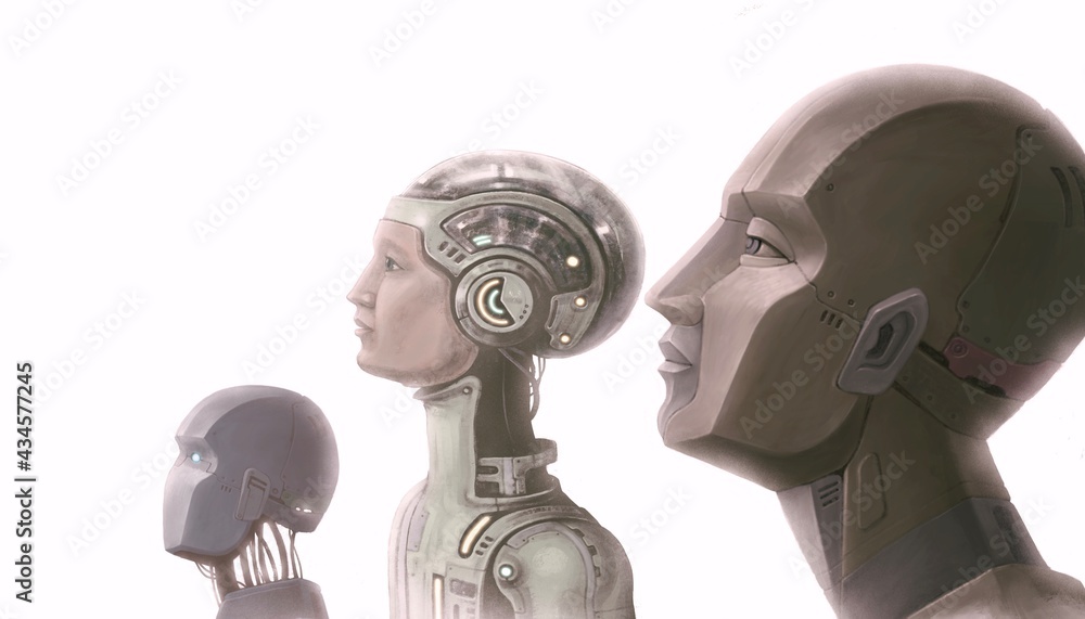 Naklejka premium Robots, futuristic art, imagination future science and ai concept idea, surreal artwork ,3d illustration , conceptual painting