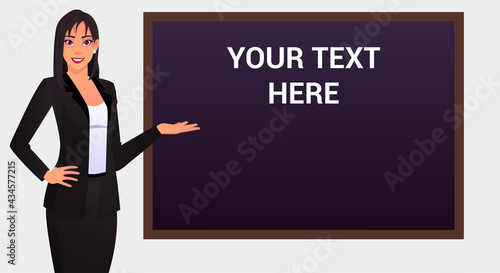 Female teacher at blackboard showing and pointing at text on chalkboard Vector illustration.