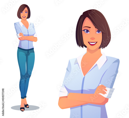 Beautiful Lady wearing Blue Pants And White Shirt With Arms Folded