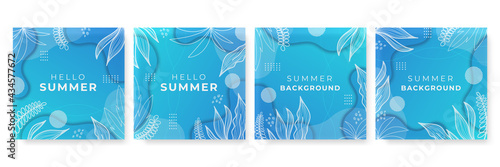 Vector set of colourful social media stories design templates, backgrounds with copy space for text - summer landscape. Summer background with leaves and waves