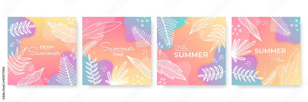 Vector set of colourful social media stories design templates, backgrounds with copy space for text - summer landscape. Summer background with leaves and waves - obrazy, fototapety, plakaty 