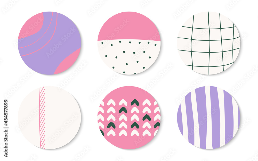 Set of round icon template highlight cover for post, stories in social media. Abstract hand drawn different shapes and textures. Doodle elements with spots, dots, lines. Isolated vector illustration Set of round icon template highlight cover for post, stories in social media. Abstract hand drawn different shapes and textures. Doodle elements with spots, dots, lines. Isolated vector illustration