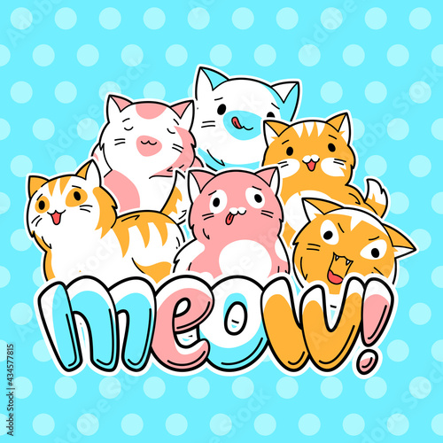 Background with cute kawaii cats. Fun animal illustration.