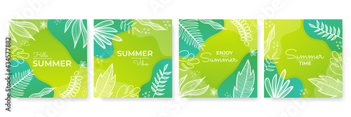 Collection of green yellow summer background set with palm, leaves ,flower, blob. Editable vector illustration for invitation, postcard, post stories social media template and website banner