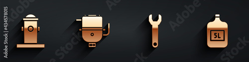 Set Fire hydrant, Electric boiler for heating water, Wrench spanner and Big bottle with clean water icon with long shadow. Vector