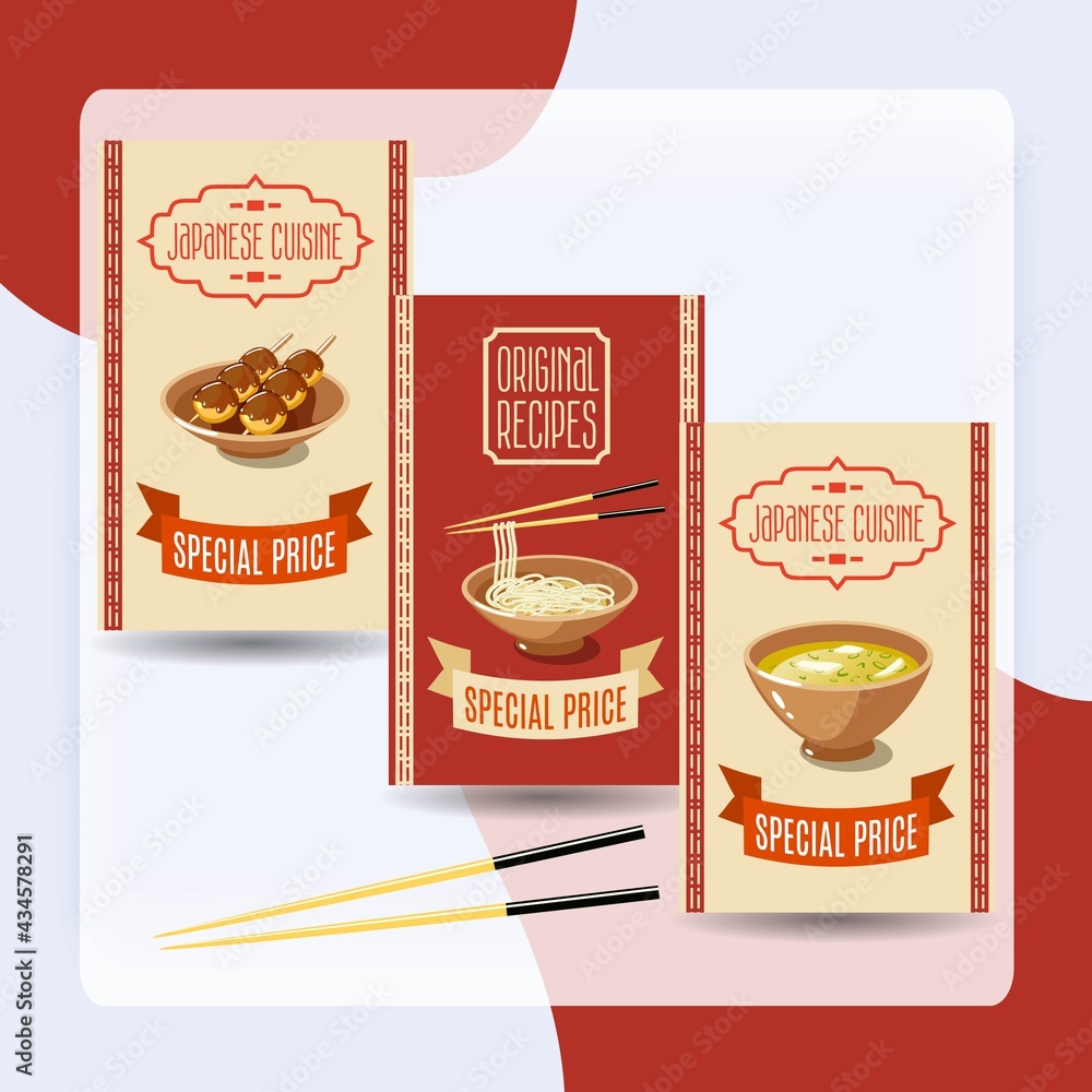 Asian food original recipes japanese cuisine special price banners set isolated vector illustration Asian food original recipes japanese cuisine special price banners set isolated vector illustration