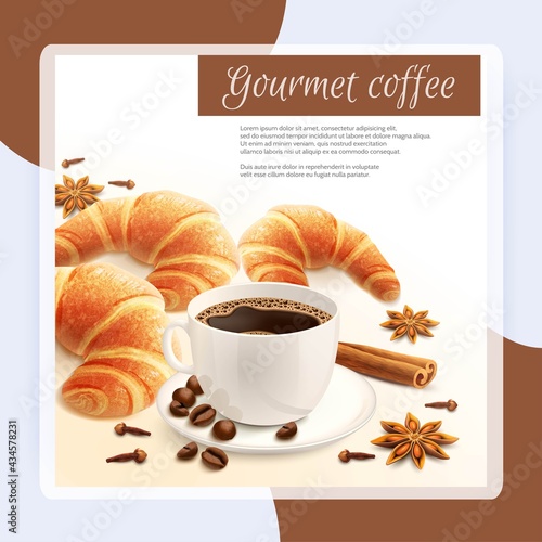 Breakfast with gourmet coffee with spices and croissant background vector illustration