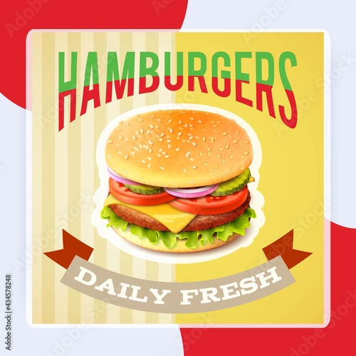 Fast food restaurant poster with beaf meat hamburger emblem vector illustration