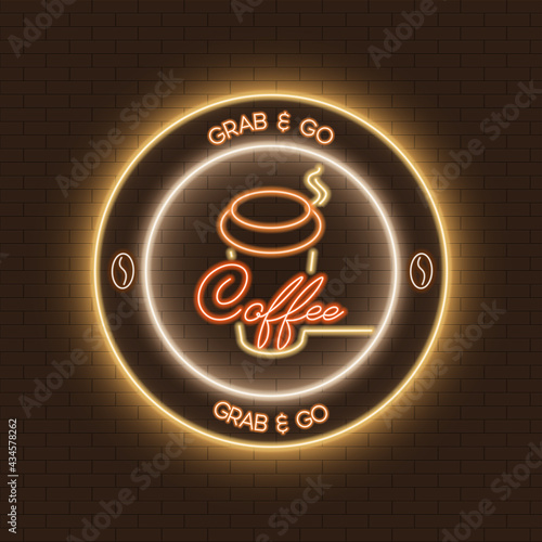 Coffee to go. Illustration in neon style. For the design of neon signs, banners and other takeaway coffee advertisements.