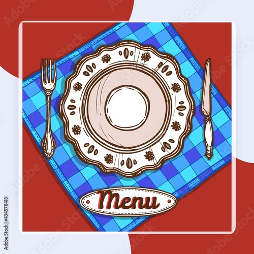 Menu poster with porcelain plate napkin and silverware sketch vector illustration