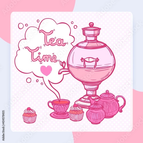 Tea time background with sketch samovar and teapot cup cake vector illustration
