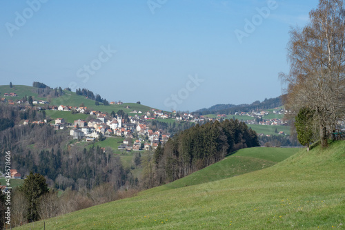 View of the village of Trogen, Switzerland, with surrounding fields and hills