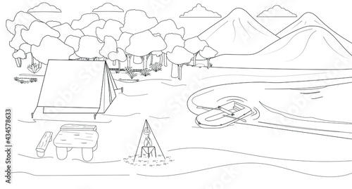 Coloring of a mountain landscape with camping on the shore of a lake, river. For coloring books, posters, page design. Tent, campfire, inflatable boat on the background of the forest and mountains