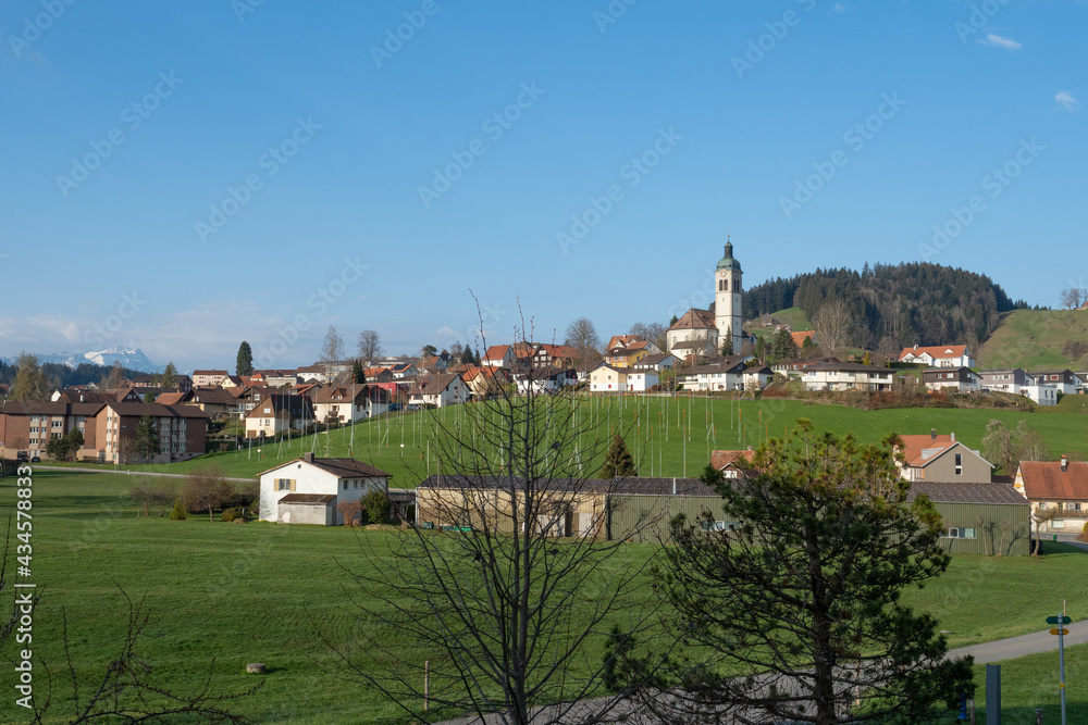 View of the village of Speicher, Switzerland, with surrounding fields and hills