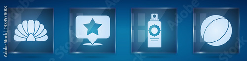 Set Scallop sea shell, Map pointer with star, Sunscreen spray bottle and Beach ball. Square glass panels. Vector