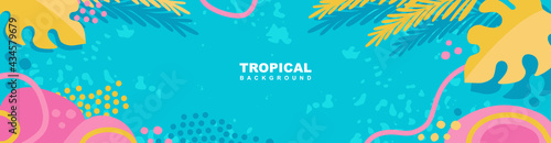 Summer tropical horizontal banner with exotic leaves, abstract lines and shapes. Trendy frame on a blue background. Editable vector illustration
