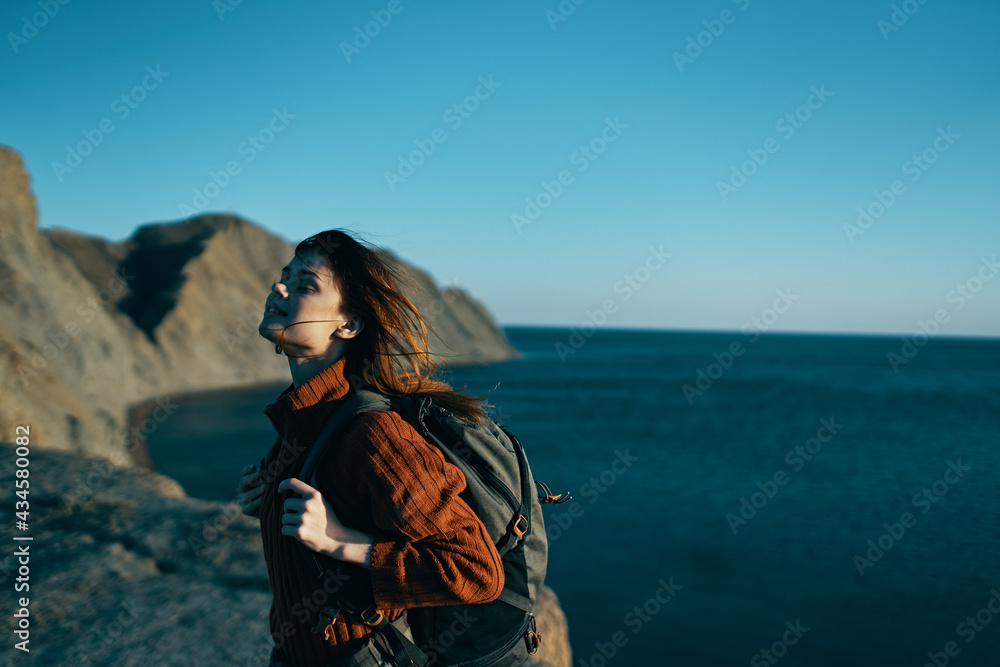 woman hiker backpack walk mountains island fresh air woman hiker backpack walk mountains island fresh air