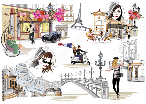Set of Paris illustrations with fashion girls, cafes and sights. Vector illustration.